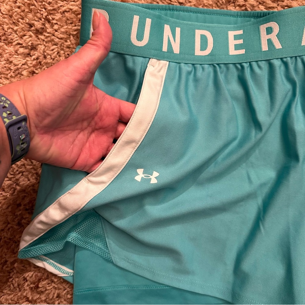 Under Armour Play Up 2-in-1 Women’s Athletic Training Shorts XXL Neptune Green - Picture 7 of 9